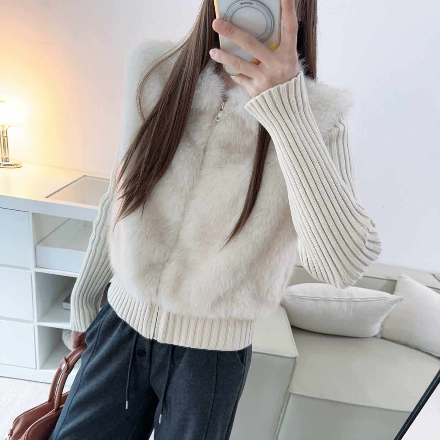 保暖禦寒顯瘦毛毛拼接針織外套-25678