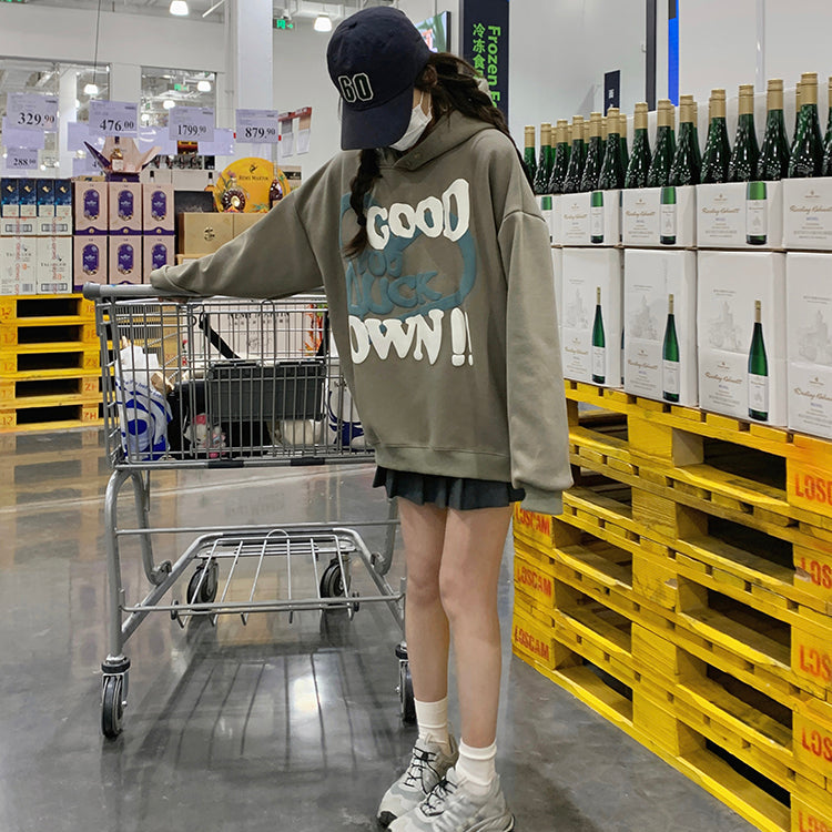 GOOD LUCK美式復古加絨連帽衛衣-25629