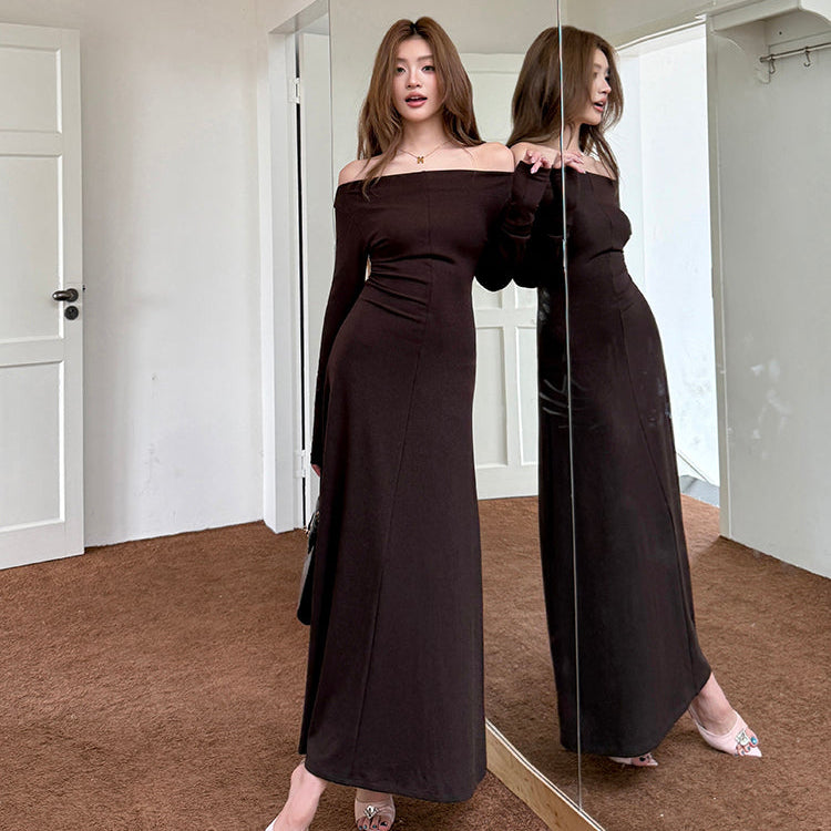 甜蜜巧克力優雅簡約一字肩長洋-25628