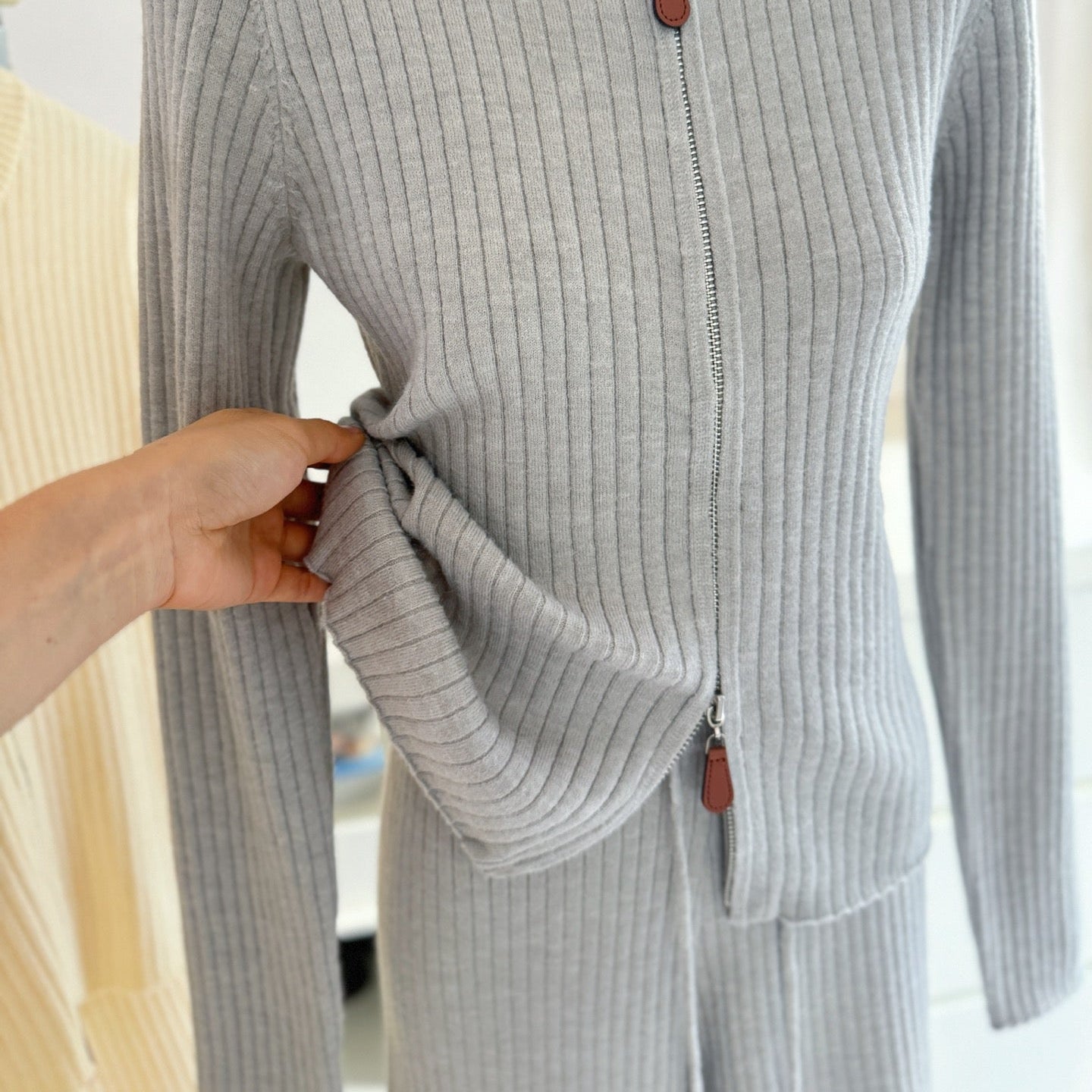 拉鍊坑條針織外套鬆緊高腰直筒長褲套裝-25676