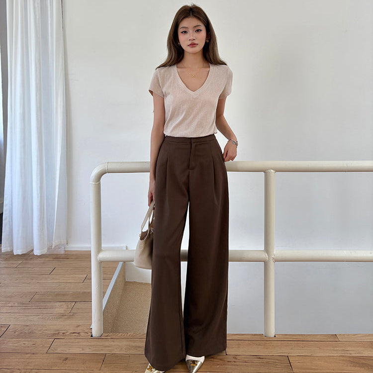 咖色高腰寬鬆落地西裝褲-25649