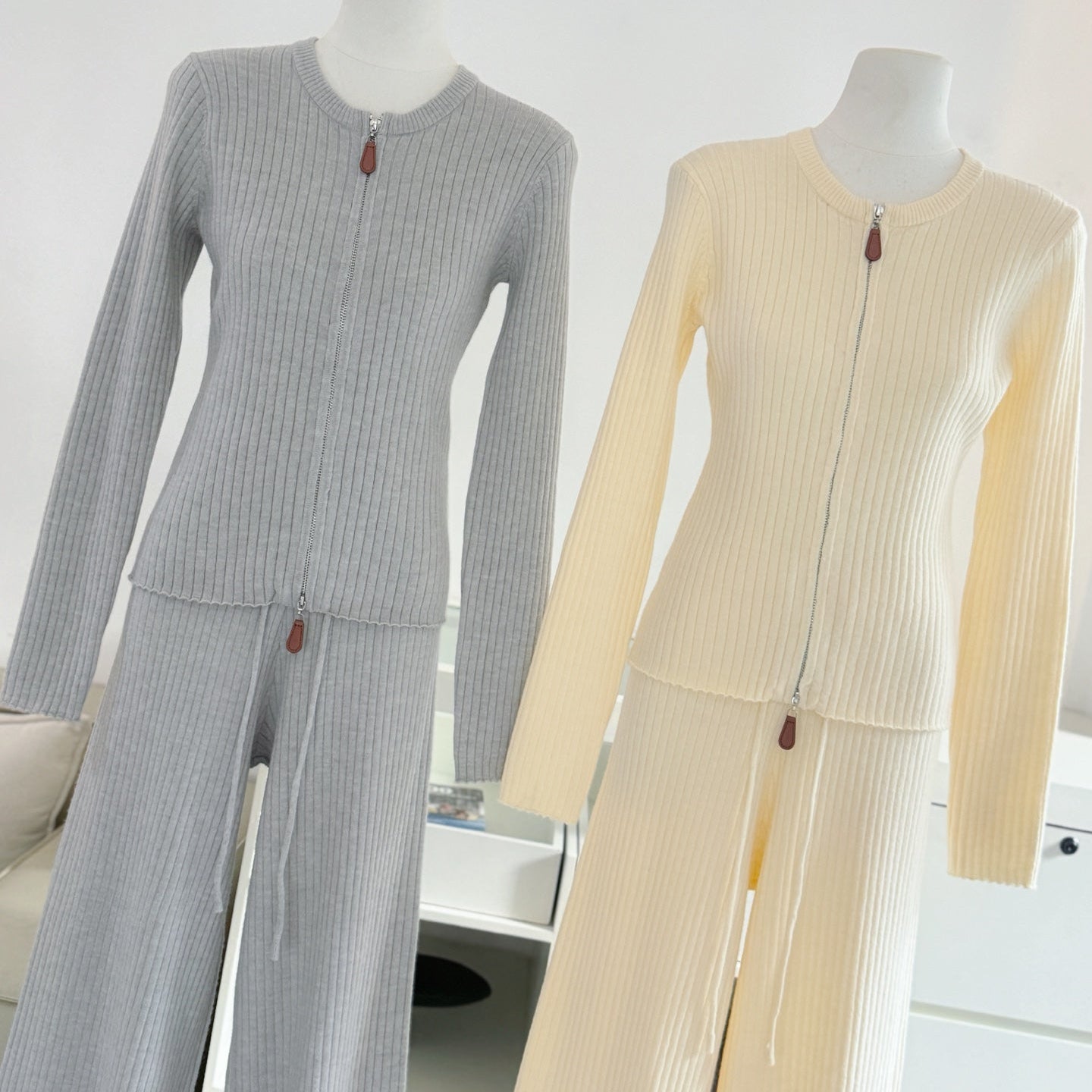 拉鍊坑條針織外套鬆緊高腰直筒長褲套裝-25676