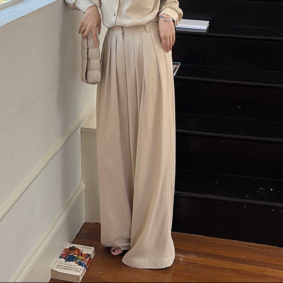 亞麻直紋落地寬褲-25658