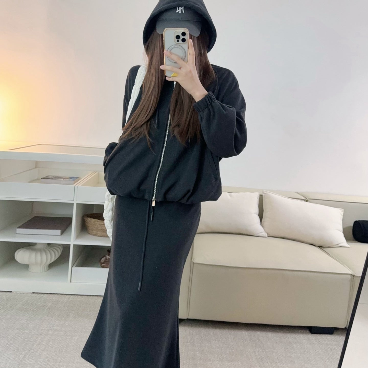桑蠶絲羊毛連帽外套垂感開衩長裙套裝-25603