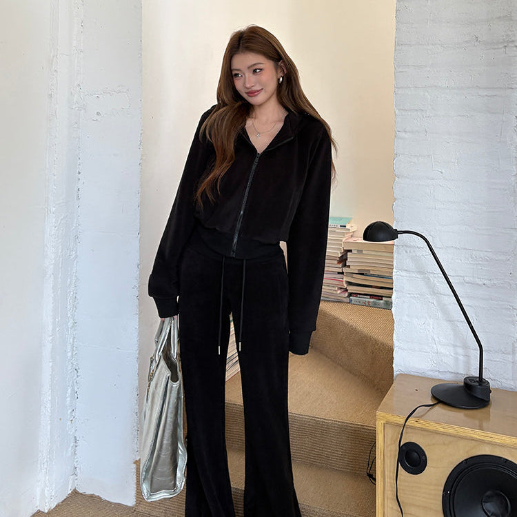 黑廠潮流搖粒絨連帽外套微喇褲兩件套-25640