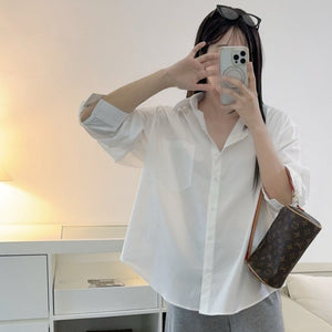 蝴蝶結露背寬鬆襯衫-25616