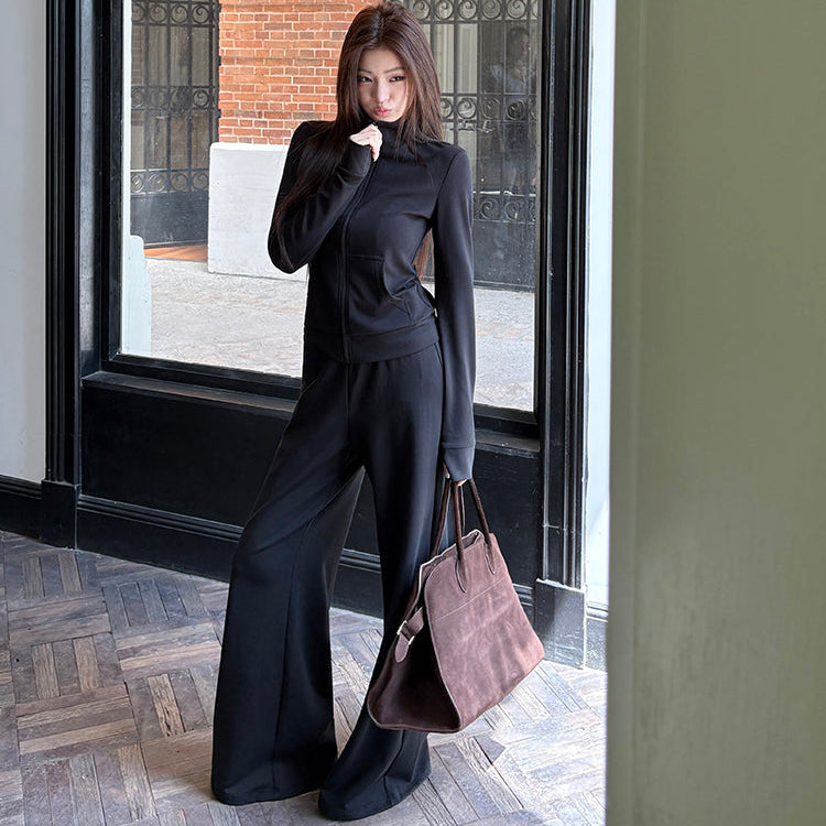 秘密同盟黑色立領修身外套寬褲兩件套-25636
