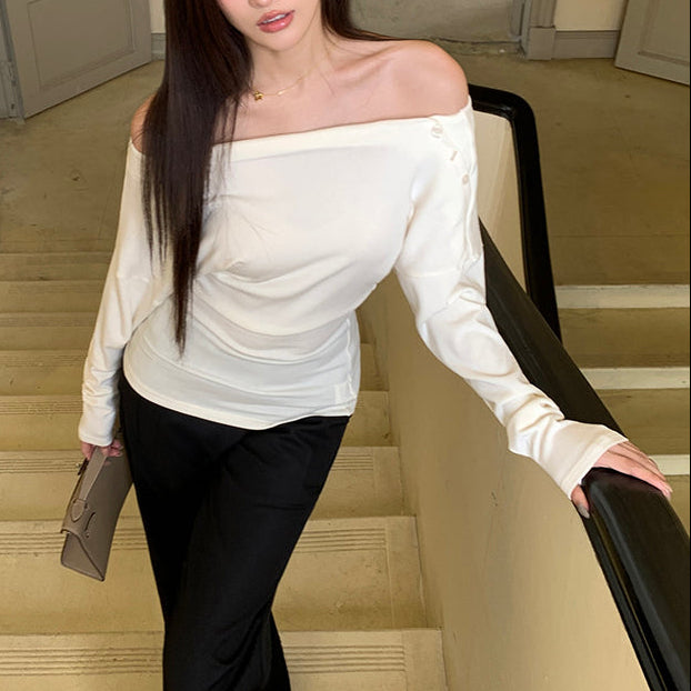 露肩掐腰一字領長版上衣-25663