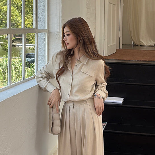 氣質亞麻口袋襯衫-25659