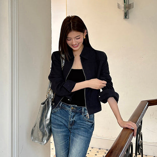 海藍翻領工裝短版棉夾克-25684