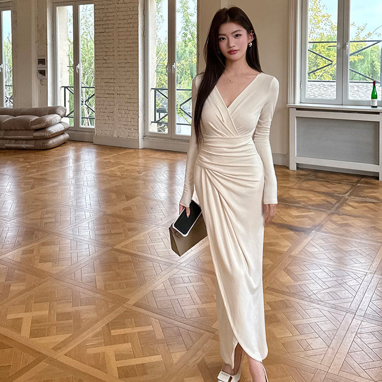 天使之吻杏白V領褶皺收腰長洋-25680