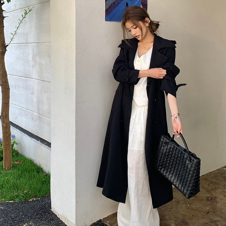 許我耀眼黑色繫帶長風衣-25644