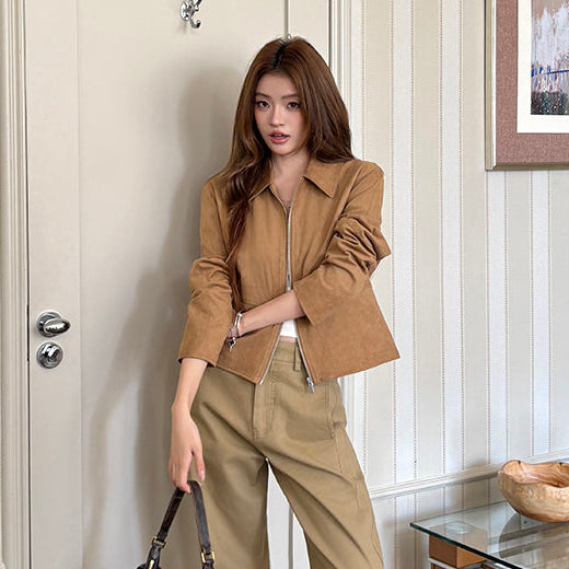 深卡其牛皮絨拉鏈皮外套-25656