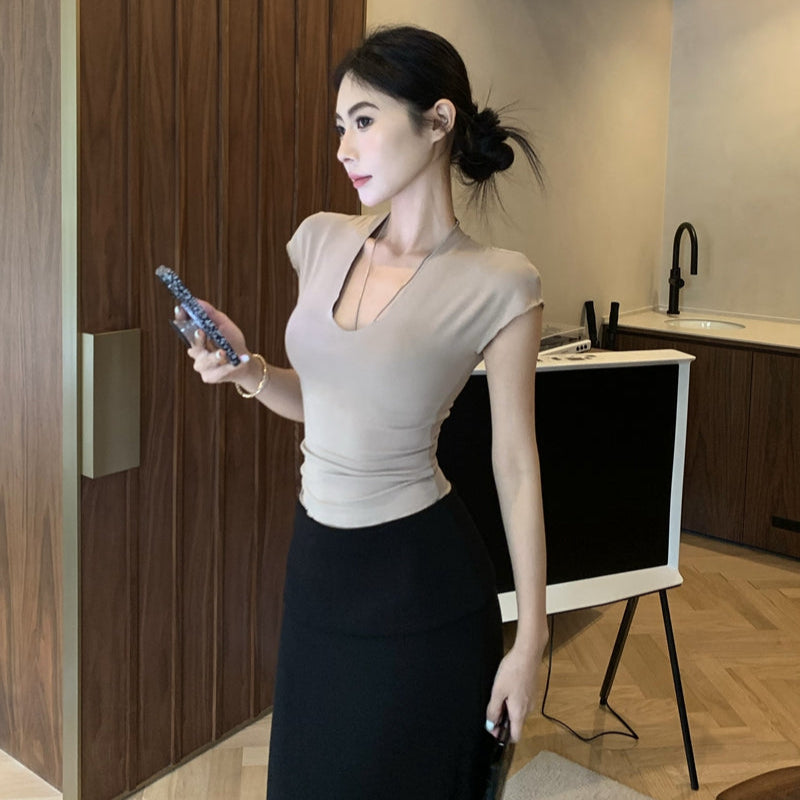 深U領緊身小飛袖彈力上衣-25481