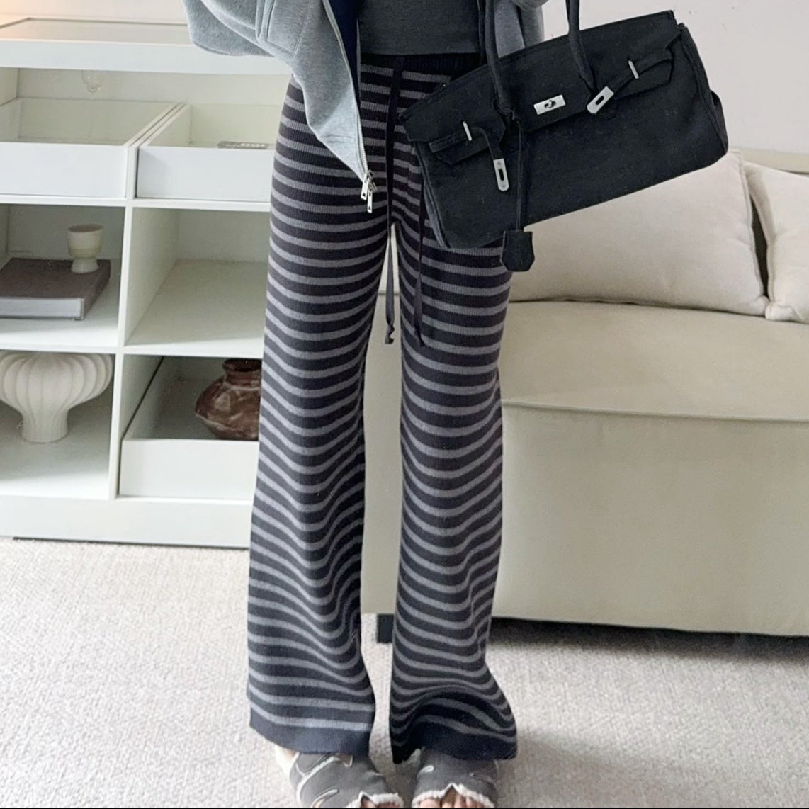 軟糯針織加厚條紋寬褲-25673
