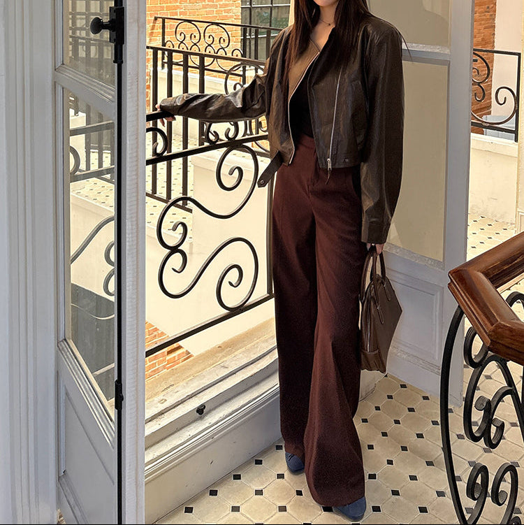 紅棕色高腰直筒垂感西褲-25664