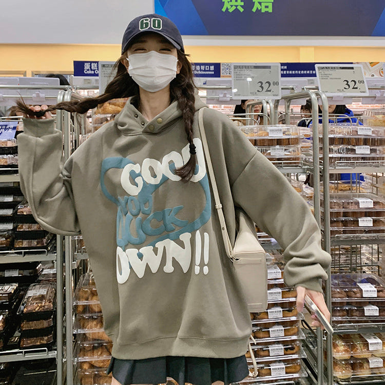 GOOD LUCK美式復古加絨連帽衛衣-25629