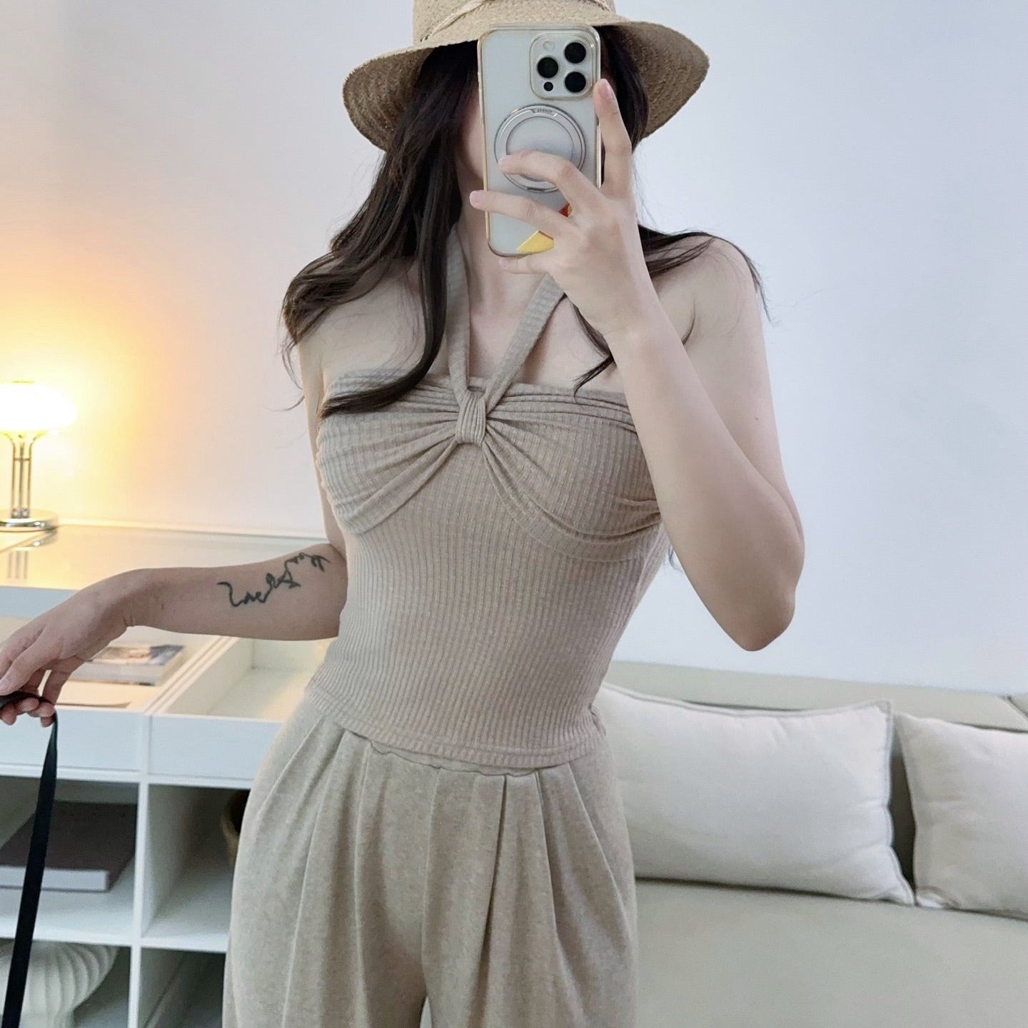 卡杏裹胸針織平口上衣-25666