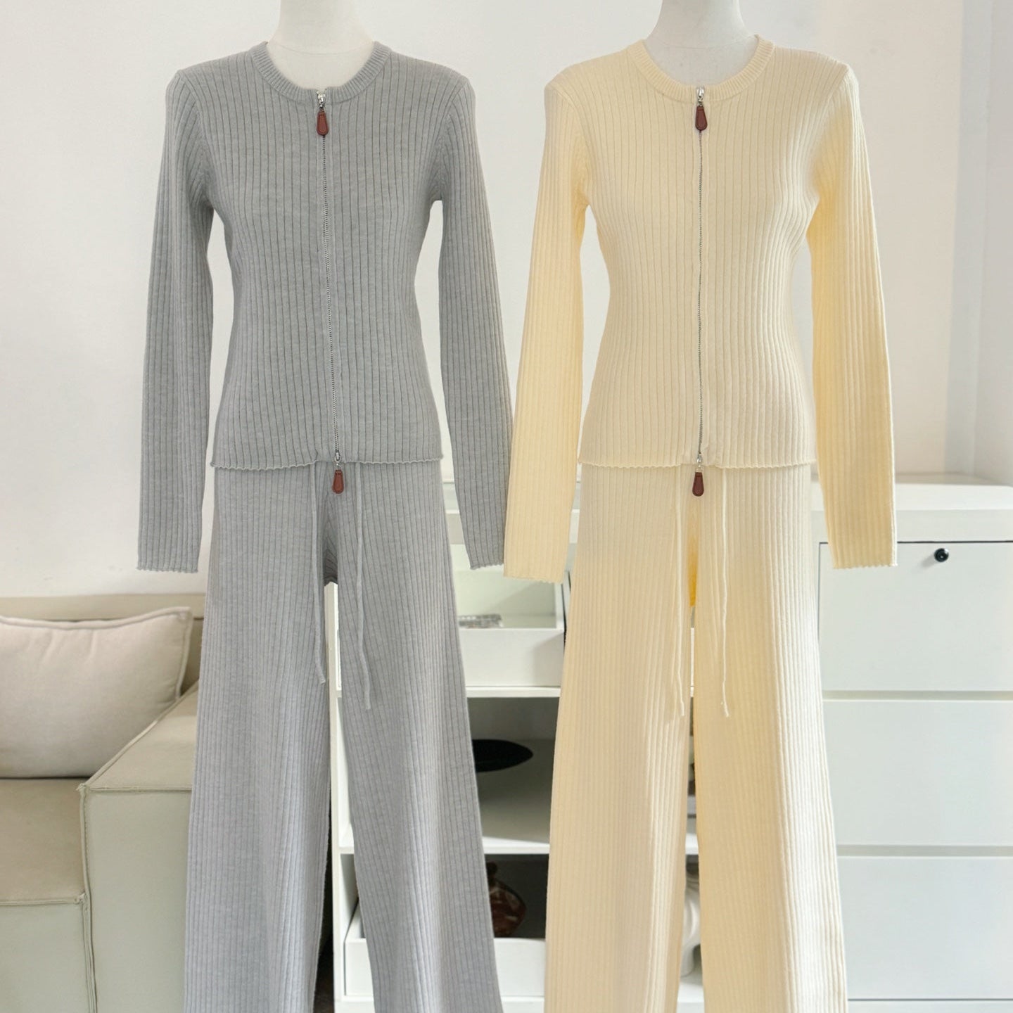 拉鍊坑條針織外套鬆緊高腰直筒長褲套裝-25676
