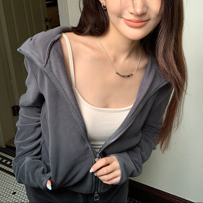 深灰絨面連帽外套垂感直筒褲兩件套-25630