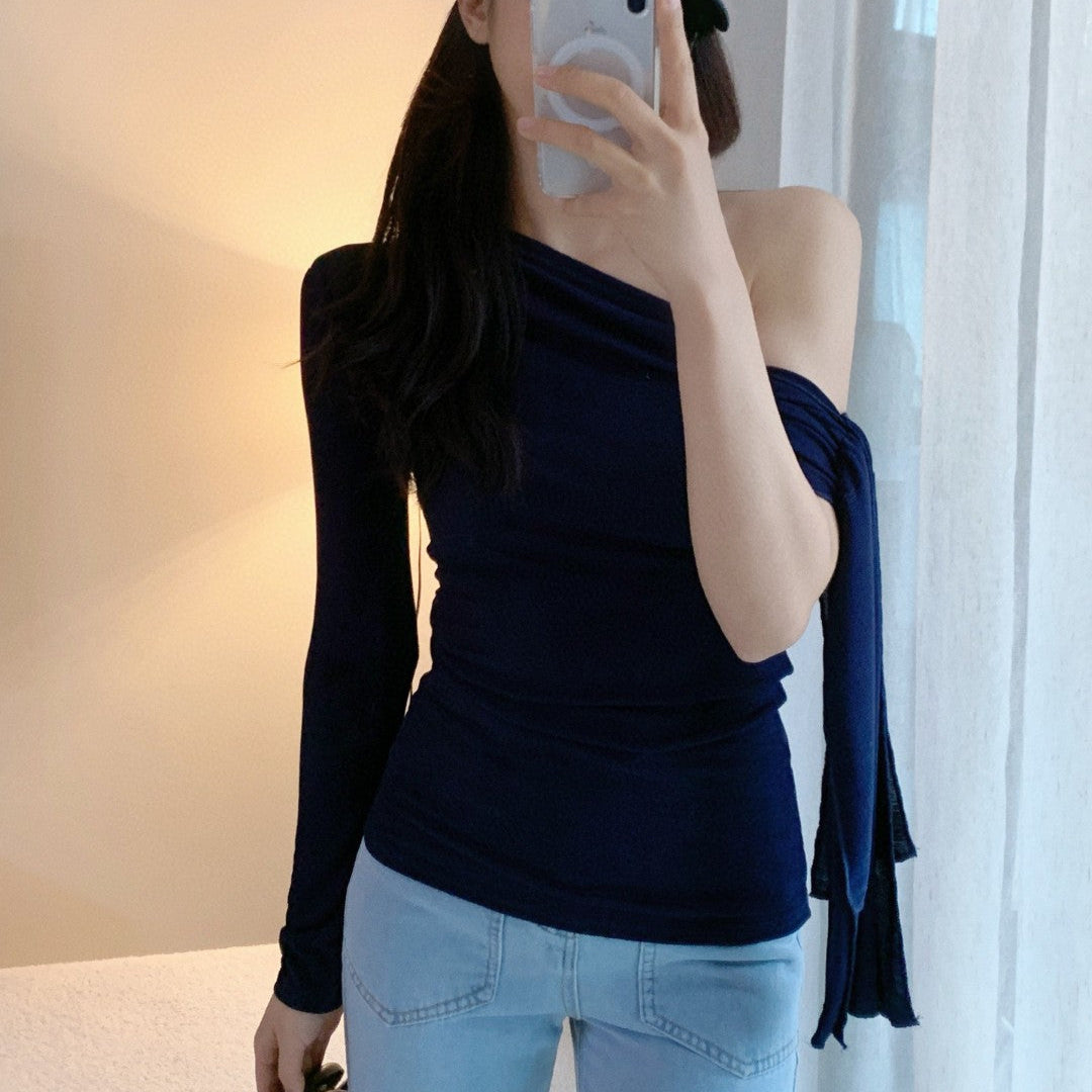 女人香深藍飄帶露肩上衣-25578