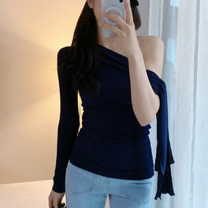 女人香深藍飄帶露肩上衣-25578