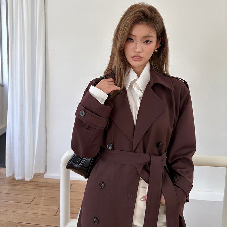 棕紅高級感雙排扣中長風衣-25652