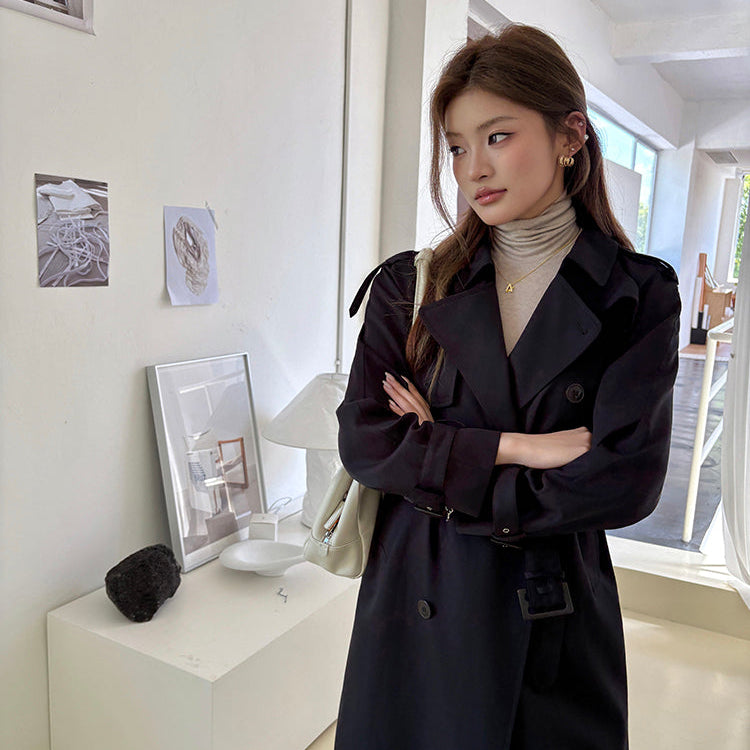 黑色經典重工中長風衣-25653