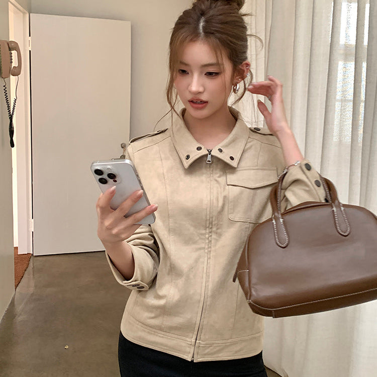 美式懷舊牛皮絨短夾克-25651