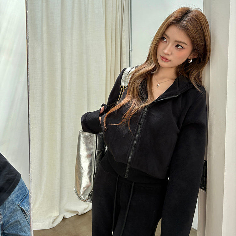 黑廠潮流搖粒絨連帽外套微喇褲兩件套-25640