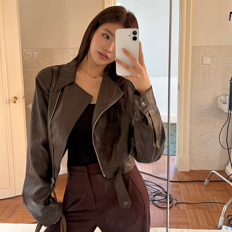 辣妹棕色PU皮夾克-25665