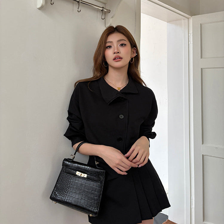 黑色復古立領設計襯衫連衣裙-25641