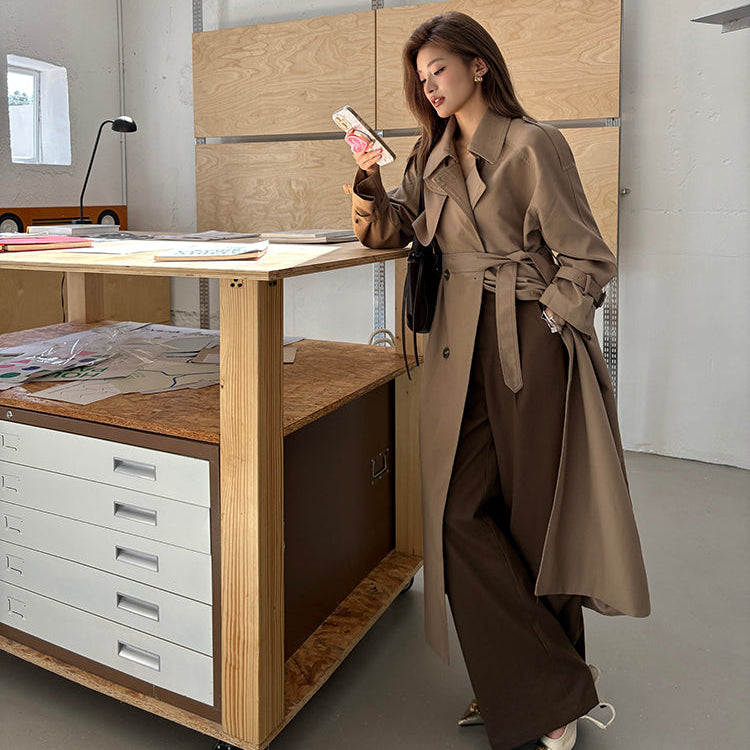 倫敦人寬鬆繫帶過膝長版風衣大衣-25654