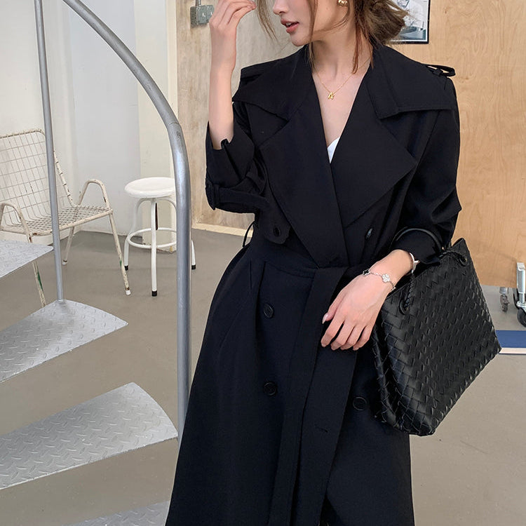 許我耀眼黑色繫帶長風衣-25644