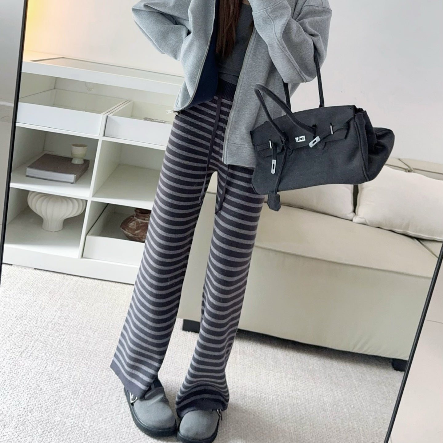 軟糯針織加厚條紋寬褲-25673