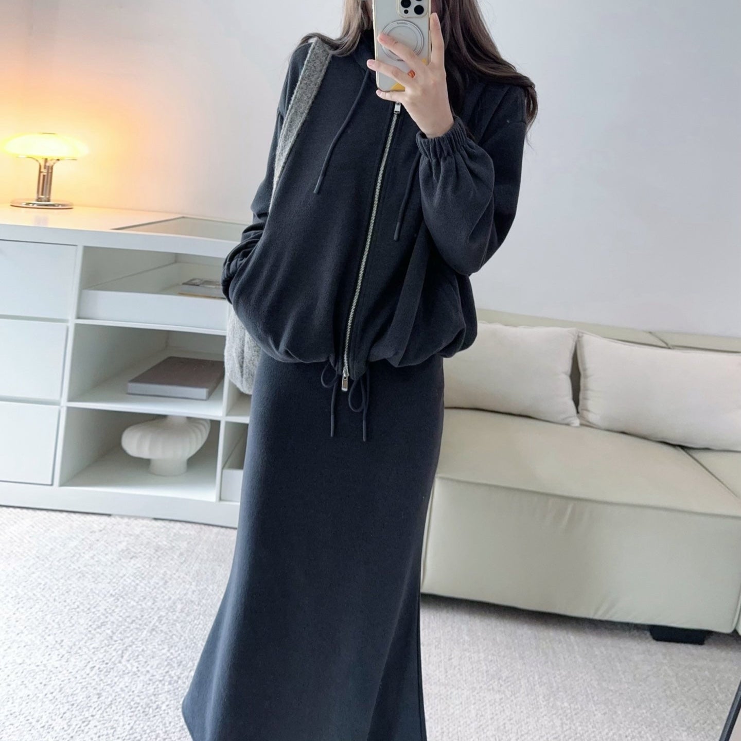 桑蠶絲羊毛連帽外套垂感開衩長裙套裝-25603