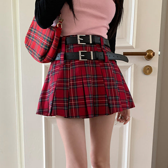 陷阱少女紅格紋雙皮帶迷你百褶裙-25154