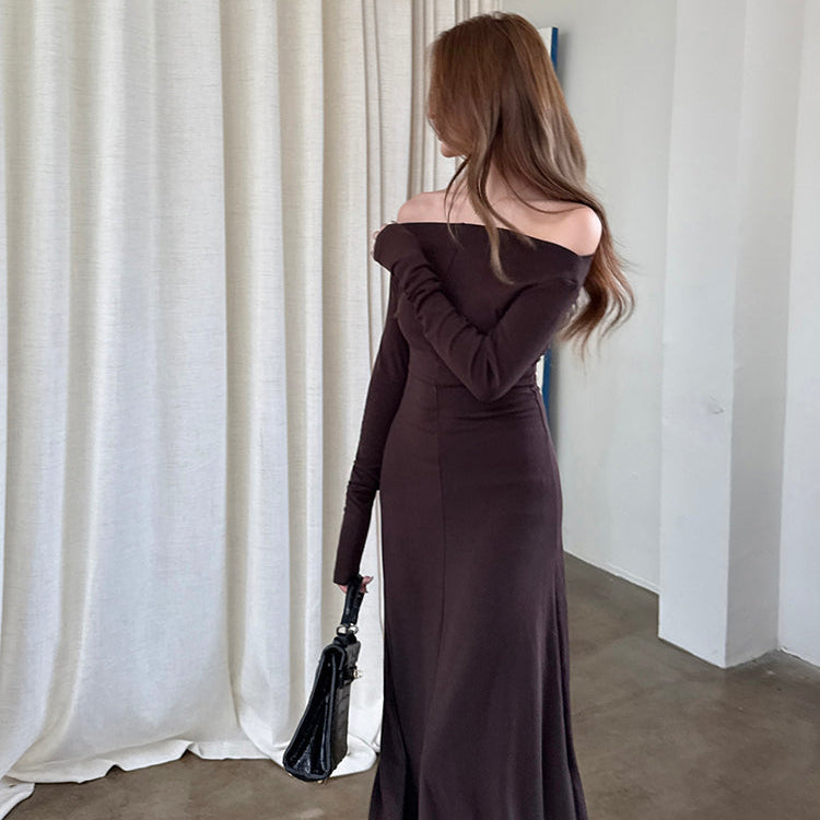 甜蜜巧克力優雅簡約一字肩長洋-25628