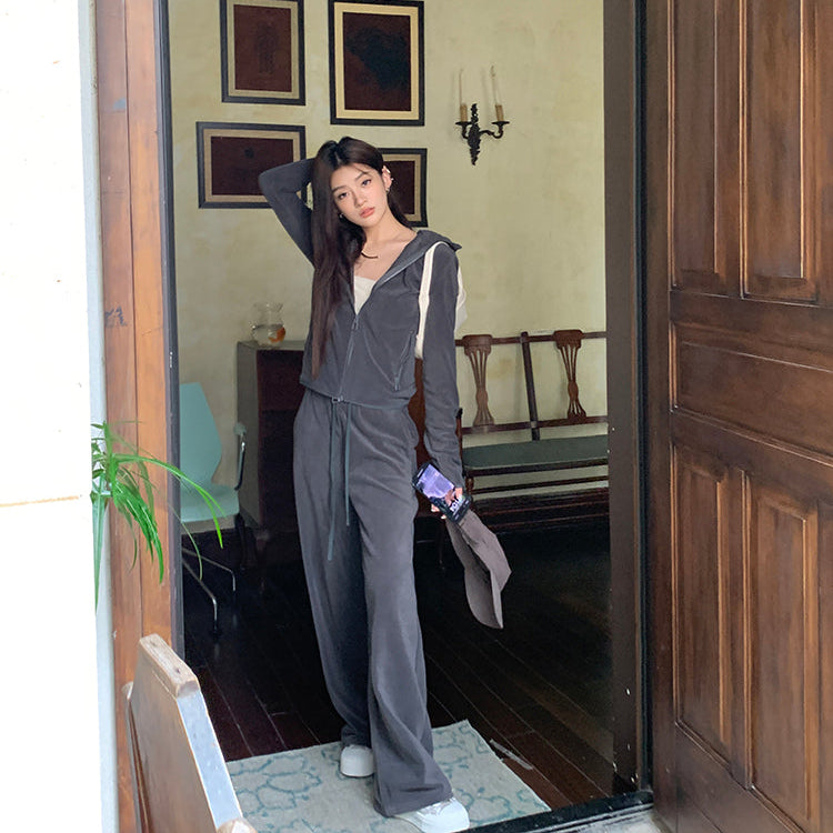 深灰絨面連帽外套垂感直筒褲兩件套-25630