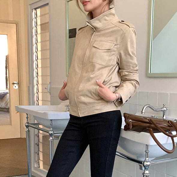 美式懷舊牛皮絨短夾克-25651