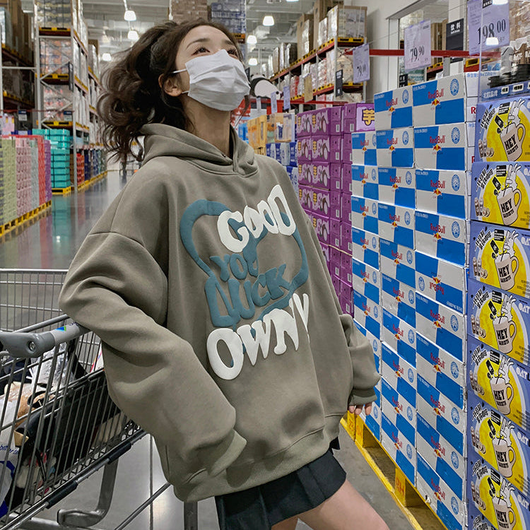 GOOD LUCK美式復古加絨連帽衛衣-25629