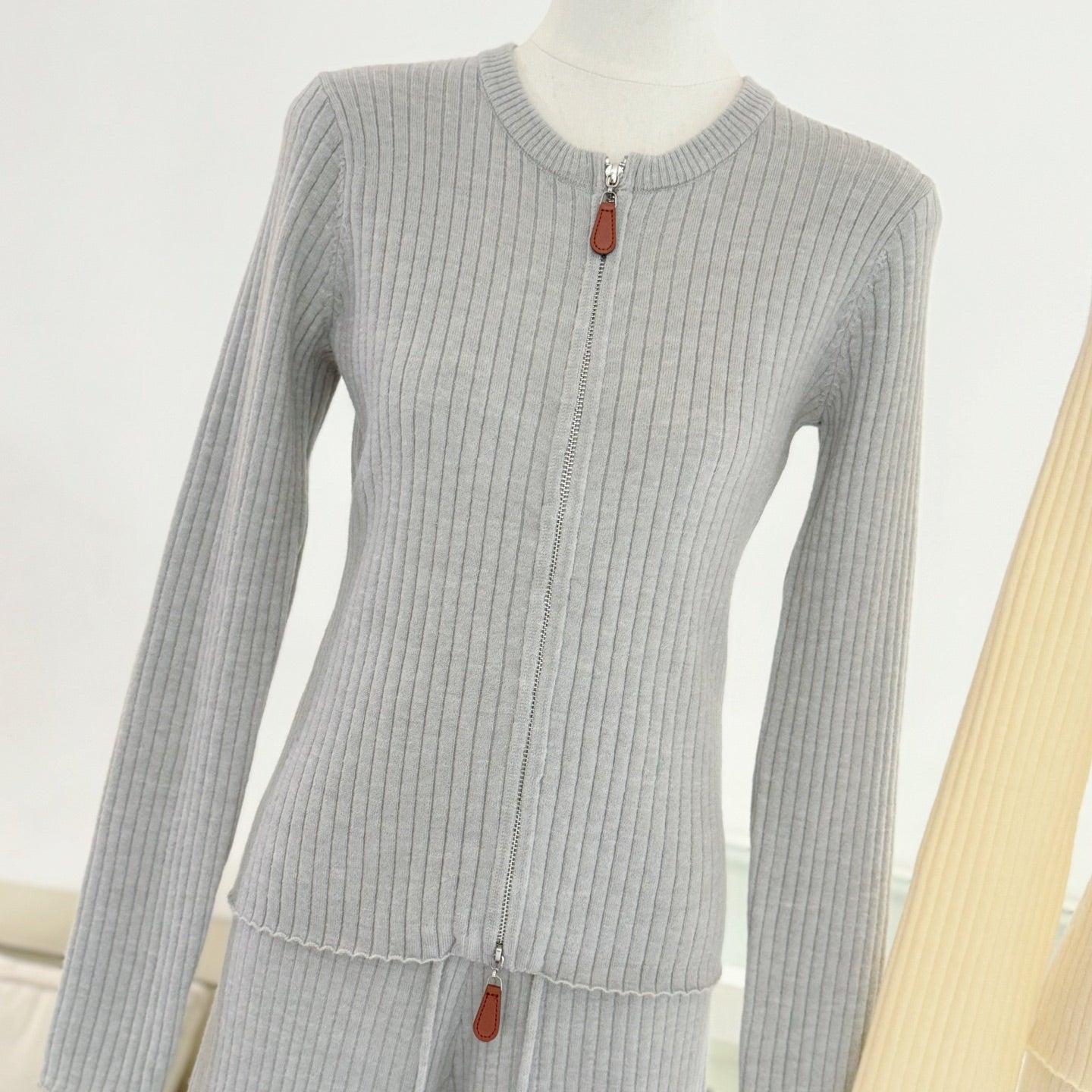 拉鍊坑條針織外套鬆緊高腰直筒長褲套裝-25676