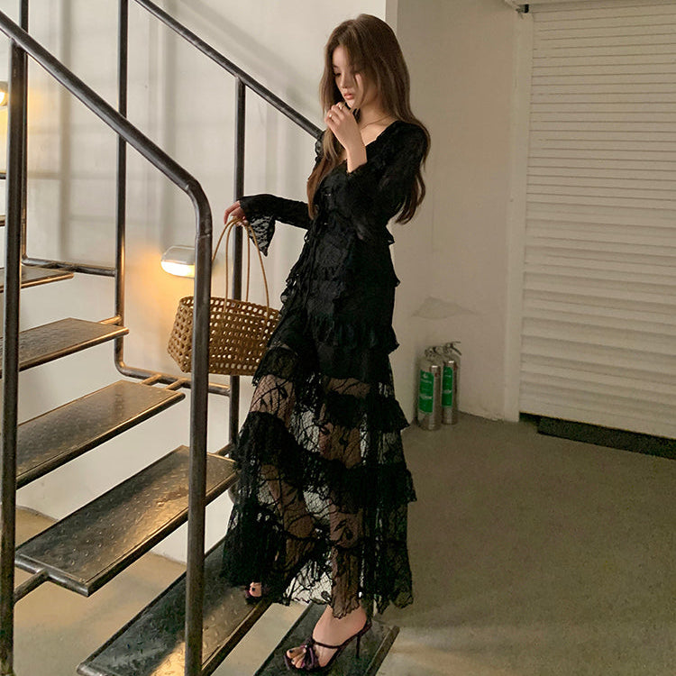 魔女的條件黑色鏤空蕾絲長洋-25249