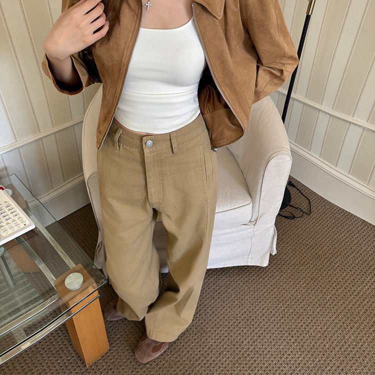 西部牛仔卡其直筒寬鬆工裝牛仔褲-25655