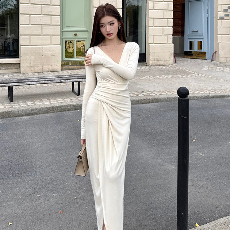 天使之吻杏白V領褶皺收腰長洋-25680