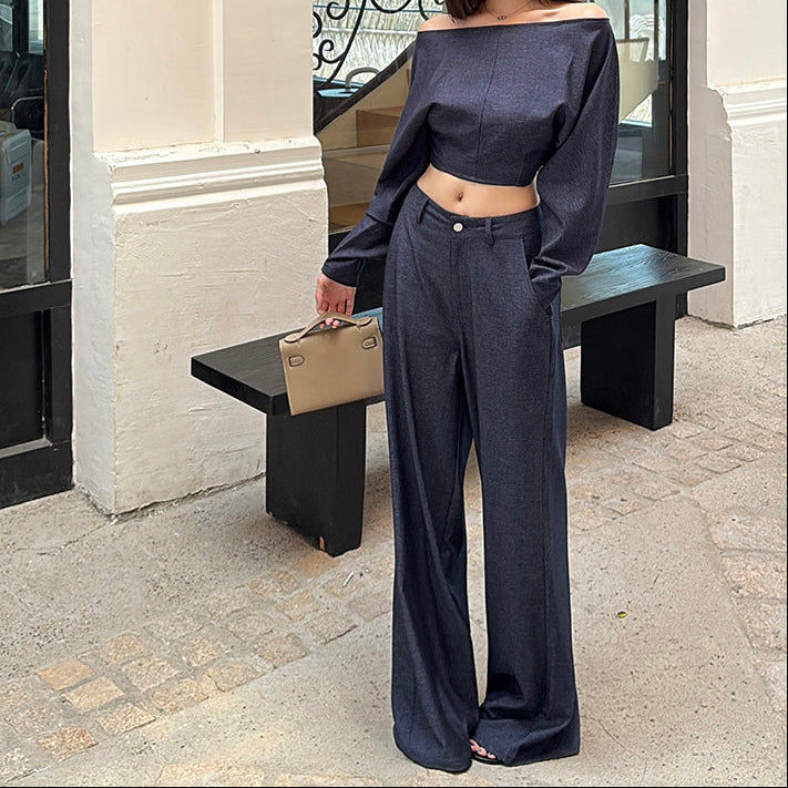 靛藍格調落地寬褲-25646