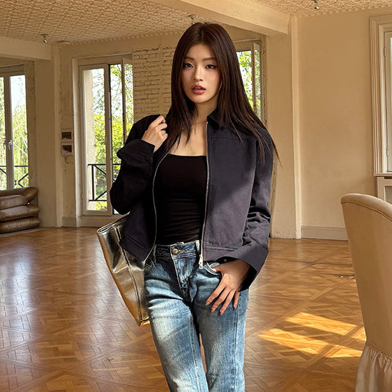 海藍翻領工裝短版棉夾克-25684