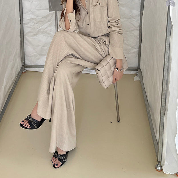 亞麻直紋落地寬褲-25658