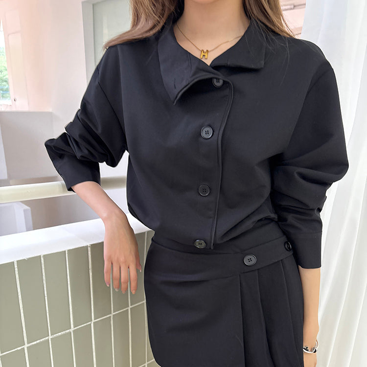 黑色復古立領設計襯衫連衣裙-25641