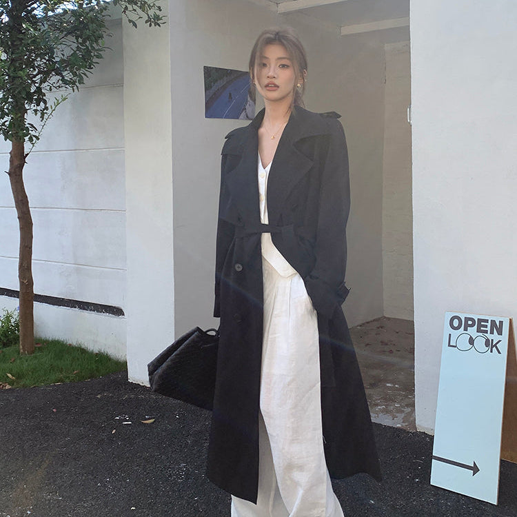 許我耀眼黑色繫帶長風衣-25644